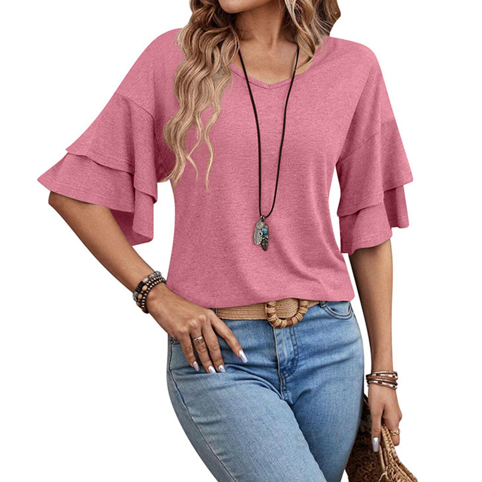 thumbnail image 2 of Camiseta de verano lisa con cuello en V y manga acampanada de doble capa para mujer - Blusa informal de corte holgado, 2 of 6